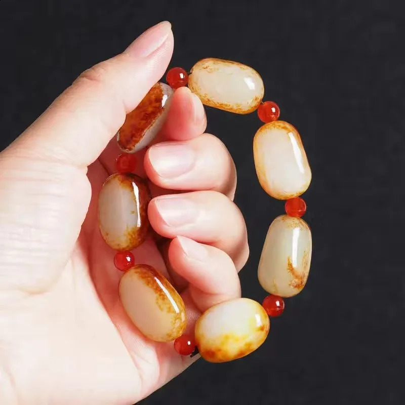 Hetian Pebble Bracelet Natural Dispersed Bead White Jadeite Coarse Stone Pendant for Men and Women Red Leather 241018