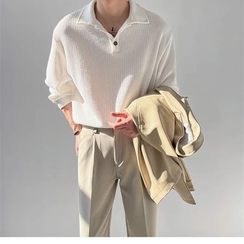 Spring Autumn Men Long Sleeve Polo Neck Loose T-shirt Casual Base Shirt Breathable Other Fiber Mixed Korean Style 241017