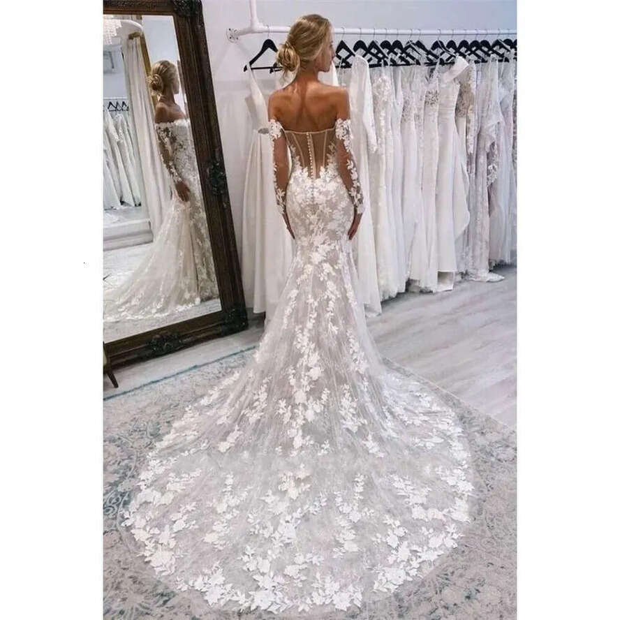 Mermaid New Stunning Dresses Wedding Sexy Backless Off Shoulder Long Sleeves D Lace Appliques Bridal Gowns With Button Covered Back Custom Made Bc