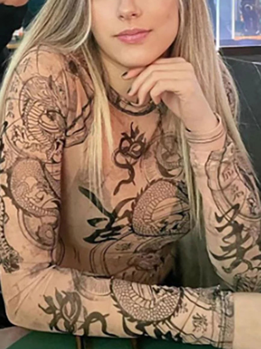 Womens Sheer Mesh Tops Spring Fall Fashion Long Sleeve Crew Neck Dragon Print Slim Fit TShirts Basic Blouses 2000s Streewear 241018