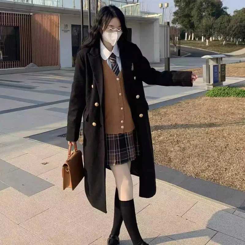 Japanese Women Coats Mid-length Preppy Style Cotton Thickened Woolen JK Coat Autumn and Winter Office Lady Casual Outwear FemaleX241009