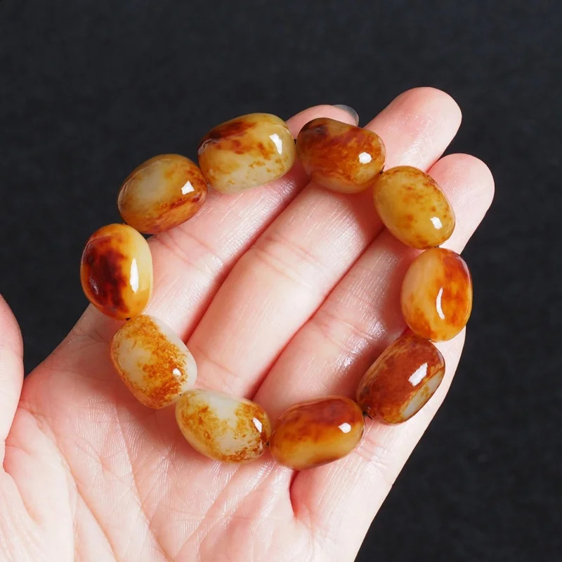 Hetian Pebble Bracelet Natural Dispersed Bead White Jadeite Coarse Stone Pendant for Men and Women Red Leather 241018