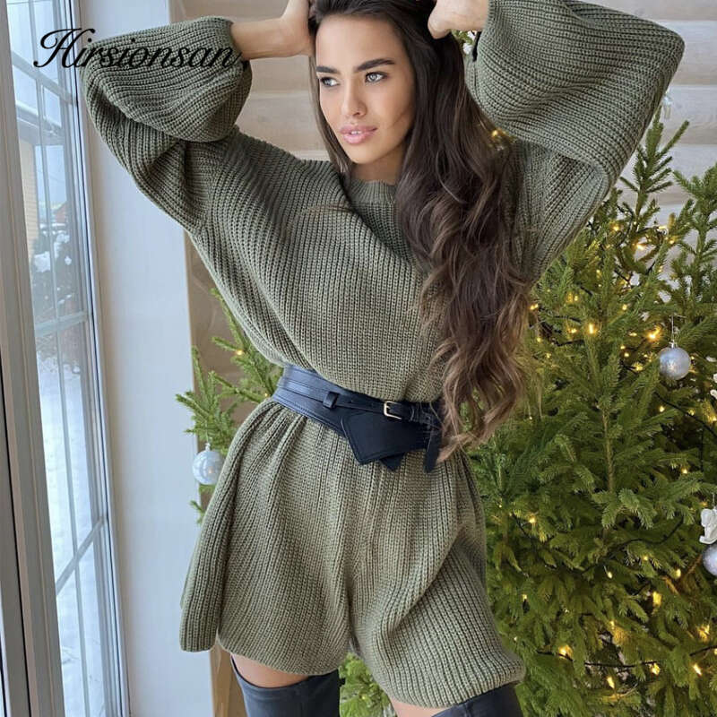 Hirsionsan O Neck Women Jumpsuit Long Sleeve High Knitted Playsuit 2023 Autumn New Tied Waist Hollow Out Female Sweater