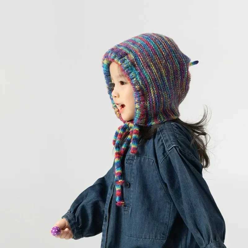 Vintage Flower Kids Hat Autumn Winter Openwork Flower Beanie Girl Hand Knitted Fringe Strap Ear Protection Princess Hat LX241018