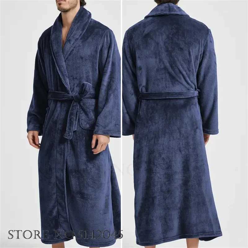Mens Coral Fleece Long Bathrobe Gown Sleepwear Winter Thick Flannel Robe Lounge Wear Loose Home Clothes Nightwear with PocketXJ241018
