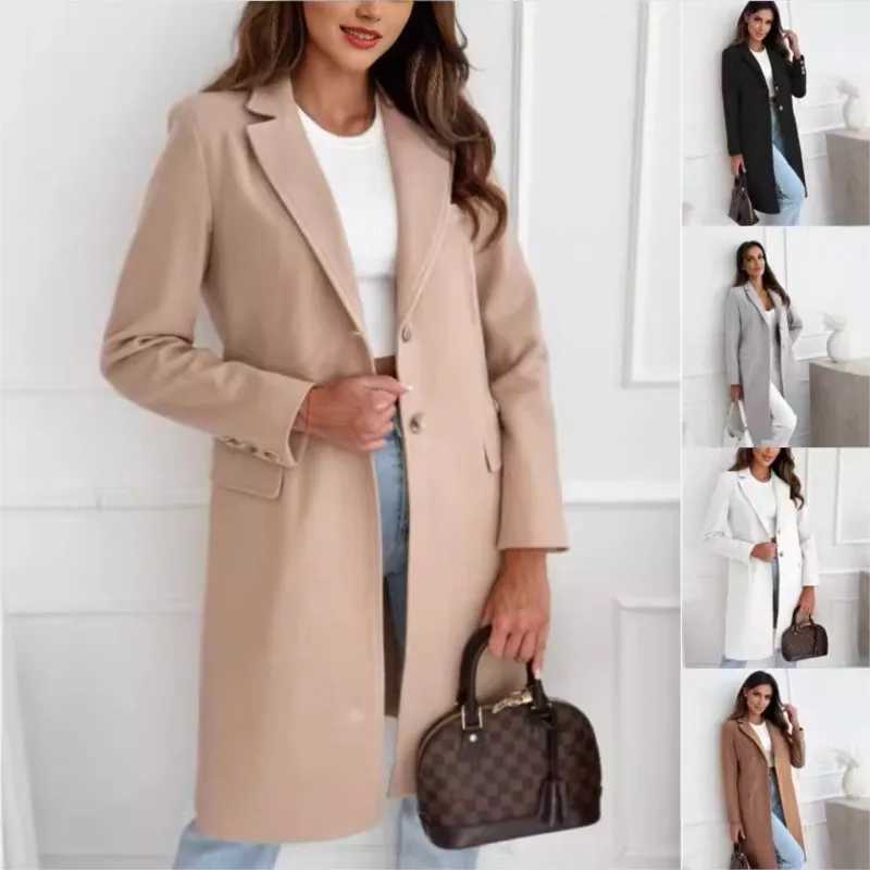 2024 Hot Style Autumn And Winter Simple Solid Color Mid-length Buttoned Woolen Coat For Elegant WomenX241009