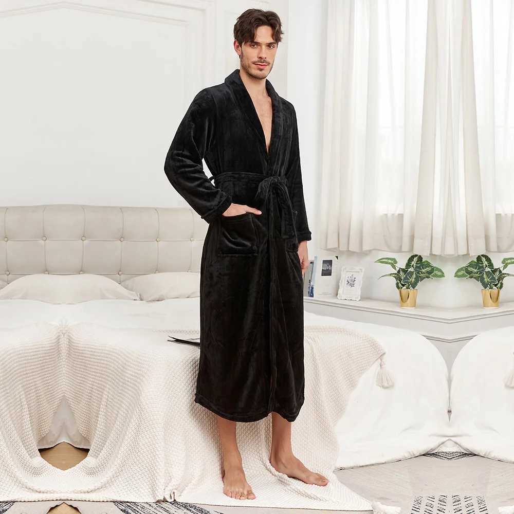 Mens Flannel Kimono Robe Nightwear Female Winter Warm Homewear Bathrobe Gown Shower Solid Sleepwear With Pocket LoungewearXJ241018