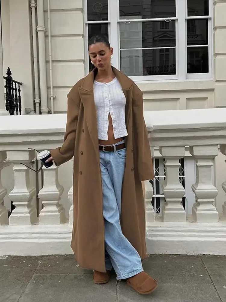 Solid Lapel Woolen Trench Long Overcoatswomen Elegant Double-breasted Pocket Loose Coat Fashion New Autumn Lady Street OuterwearX241009