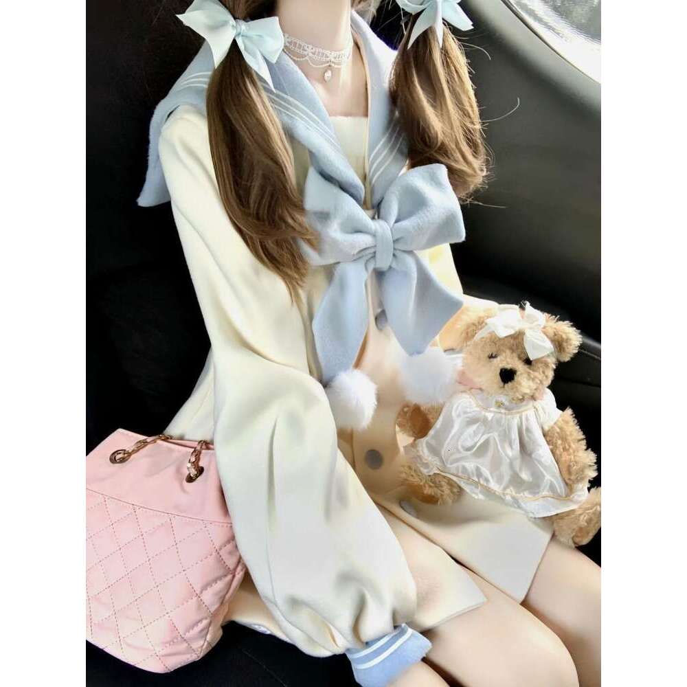 Sweet Bow Sailor Collar Black Tweed Coat Fashion All-Match Jk Jackets For Women 2024 Autumn New Long Sleeve Tops Mujer