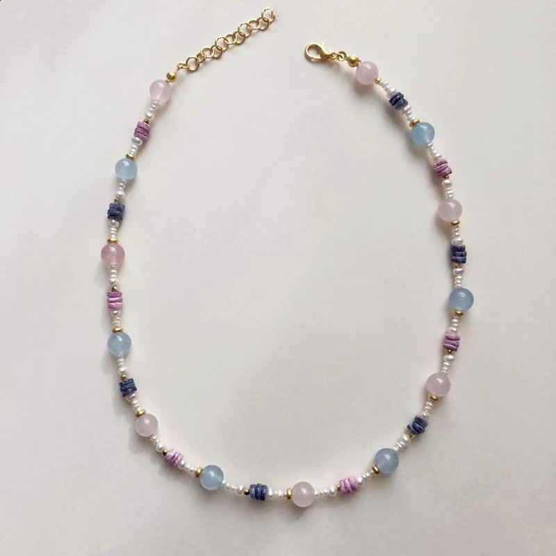 Summer Bohemian Natural Stone Necklace Mixed and Matched with Small Freshwater Pearls Exquisite Necklace Sweet Gold Plated Charm Jewelry 241018