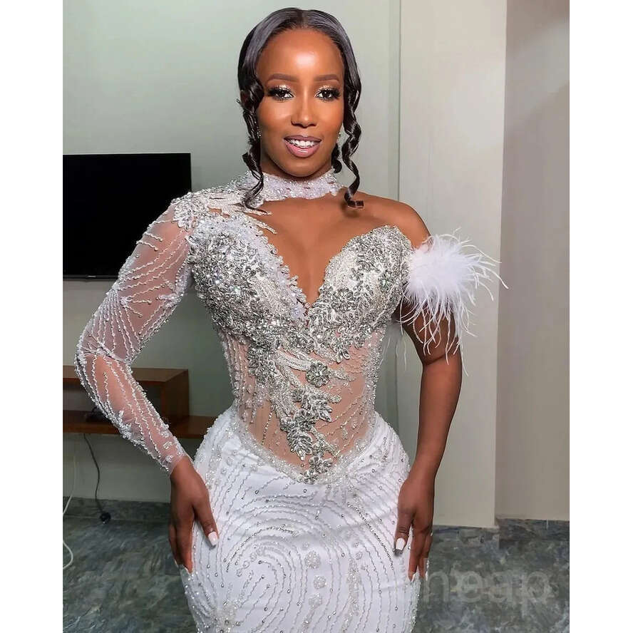 Designer Dresses Wedding Mermaid Bridal Gown Crystals Beaded One Shoulder Long Sleeves Feather Satin Ruffles Custom Made Vestidos De Novia Plus Size