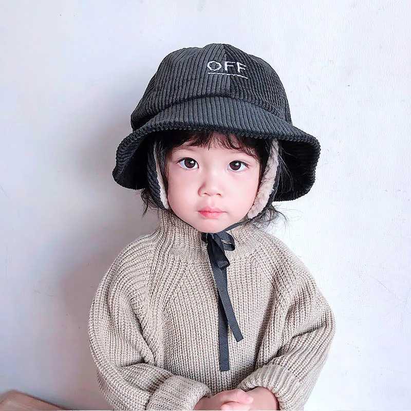 Winter Corduroy Baby Bucket Hat Thicken Plush Ear Protection Fisherman Cap for Toddler Korean Letter Kids Earmuff Hats LX241018