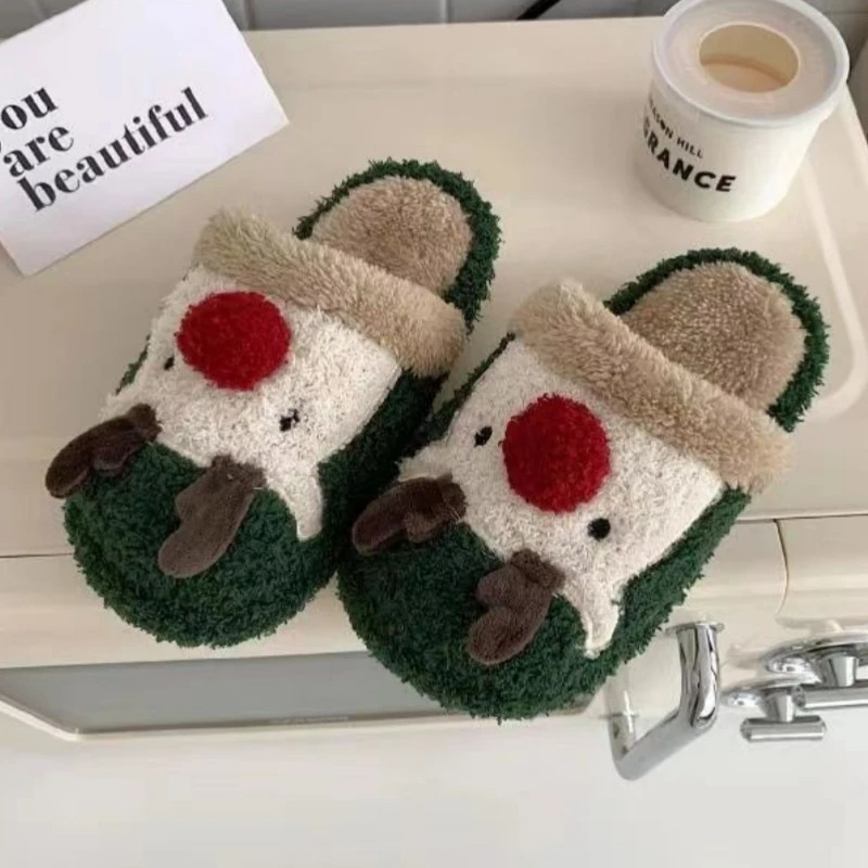 Winter cute cartoon deer slider womens indoor floor fur quiet sandals couple Christmas plush slider girl casual warm slider241018bj