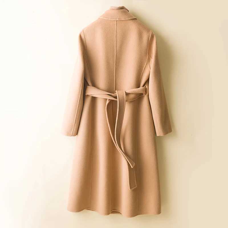 Long Coats Women Woolen Trench Jacket 100% Merino Wool Winter Fashion Lapel Belted Overcoat Autumn Vintage Thick Clothing KoreanX241009