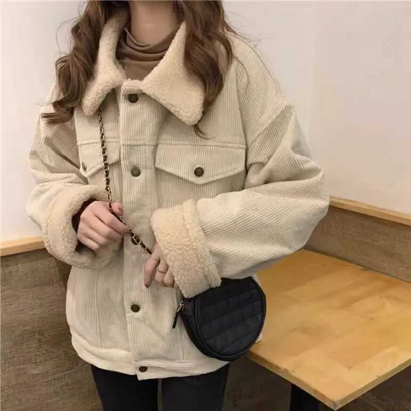 Corduroy jacket for women autumn and winter new Korean style loose lamb wool plus velvet student corduroy top trendy coatX241018