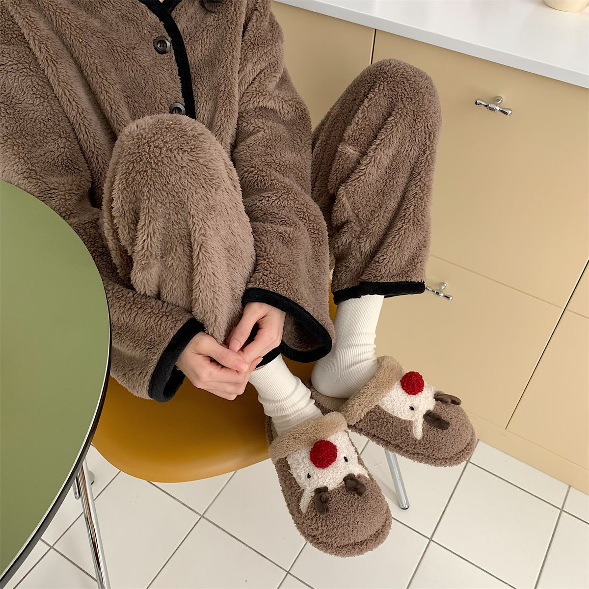 Cute Deer Cartoon Cotton Slippers for Women - Soft Warm Plush Home Shoes