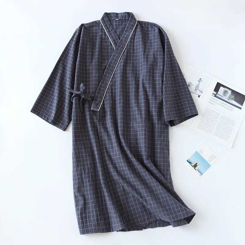 2024 Summer 100%Cotton Gauze Bathrobe Japanese-Style Kimono Men Plaid Robe Loose kimono bathrobe Men Sweat Steaming Sleep XJ241018