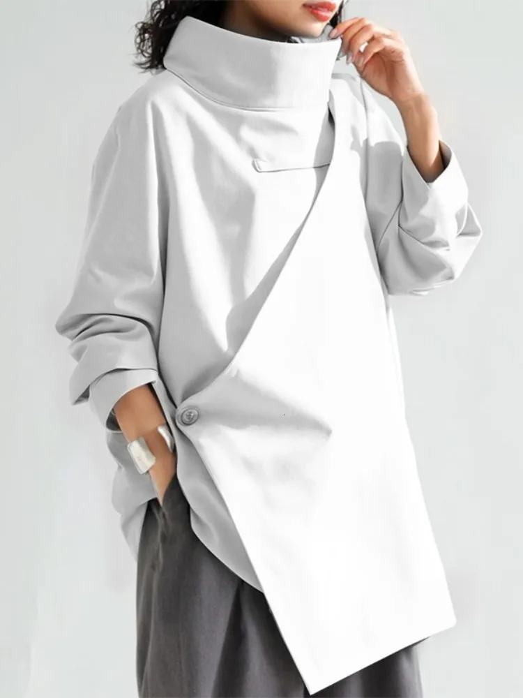Missuoo Casual Tops for Women Solid Black Loose Fit High Neck Long Sleeve Tshirt Buttoned Asymmetrical Shirt Top 241018