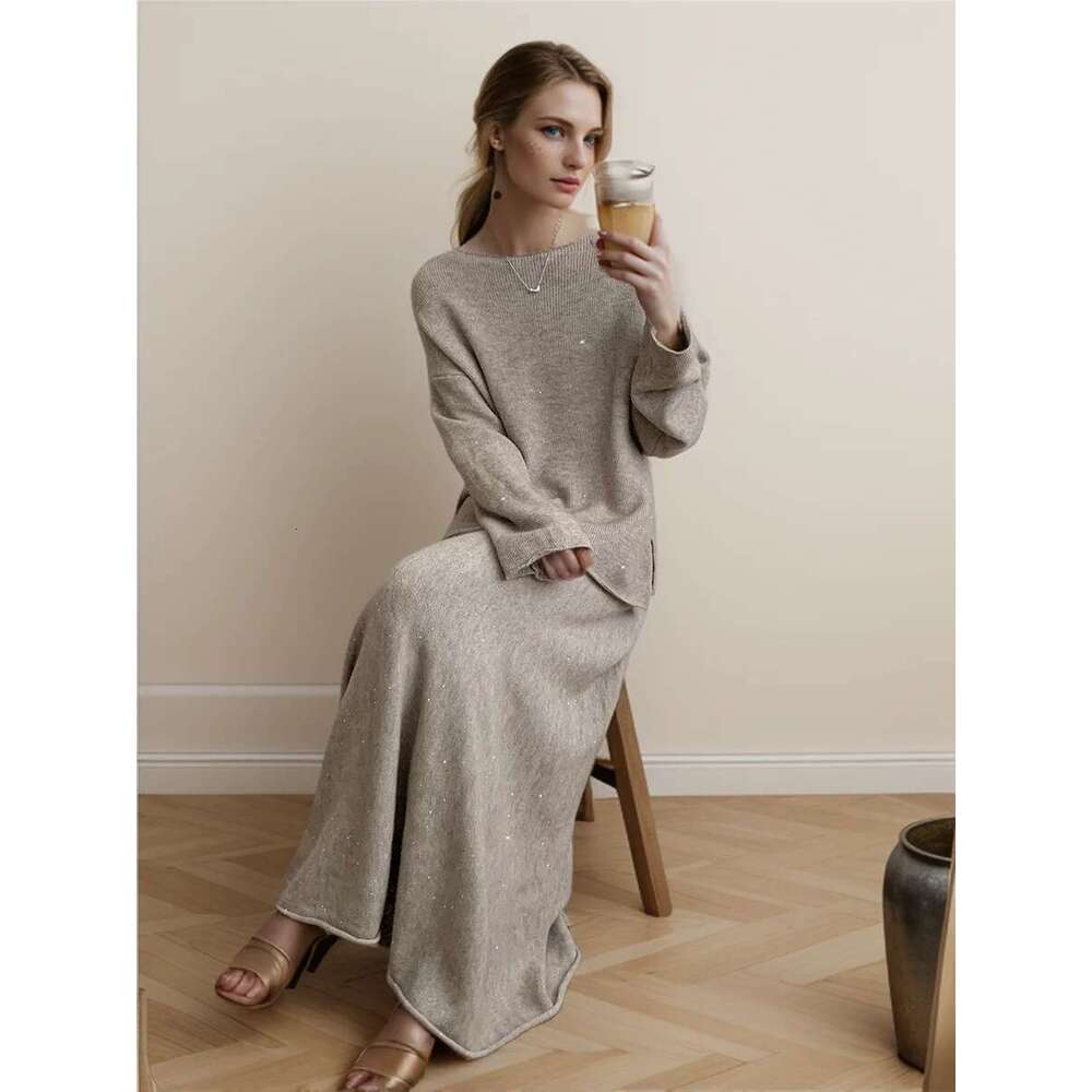 Hirsionsan Sexy Soft Elegant Vintage Women Suits 2 Pieces Female Sets Slash Neck Sweater & Midi Dress Bg Knitted Tracuit