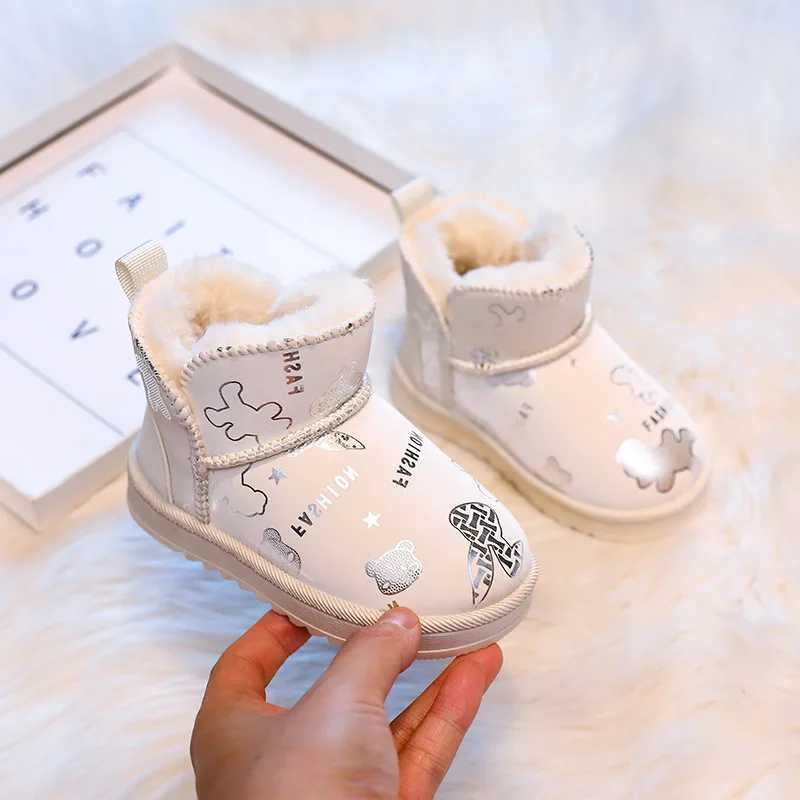 Boots Fashionable girls winter thick boots warm childrens cotton shoes plush cute printed childrens snow boots soft sole non slip sports shoes H241018