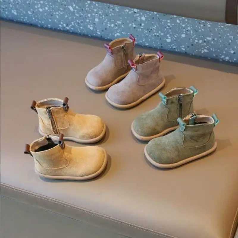Boots Childrens Plush Autumn/Winter New Style Girls Retro Cotton Boots British Style Boys Solid Color Plush Cotton Boots H241018