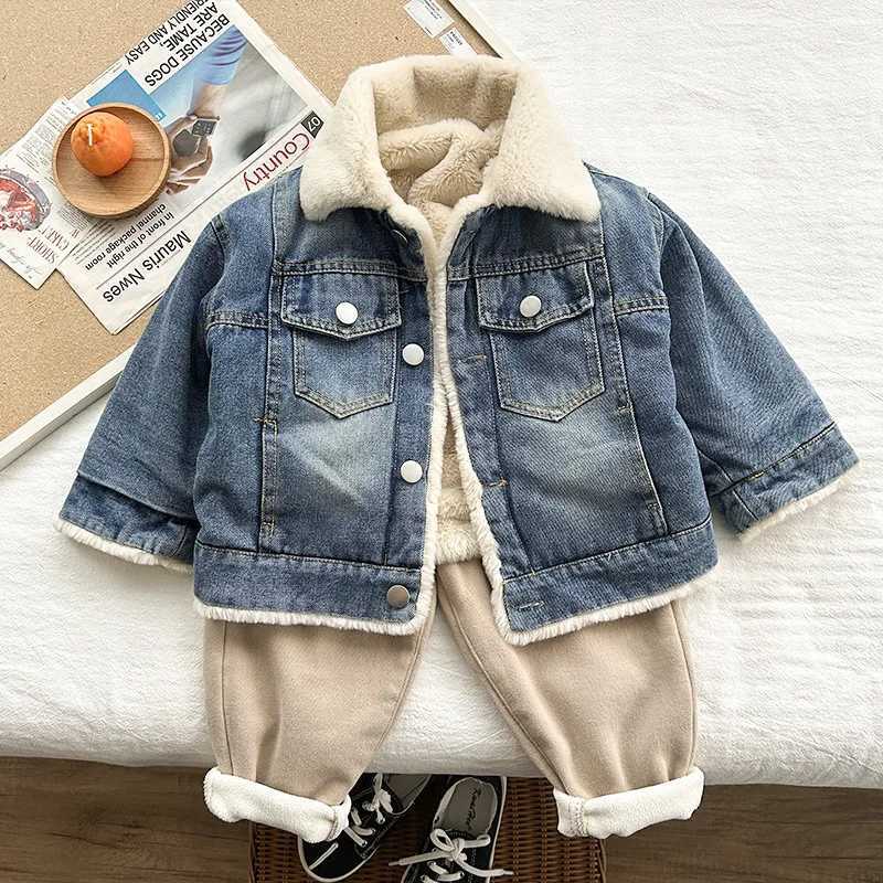 Womens mens jacket autumn and winter with cashmere thick jeans jacket childrens clothing warm and fashionable baby denim jacket 2-10Y M241018