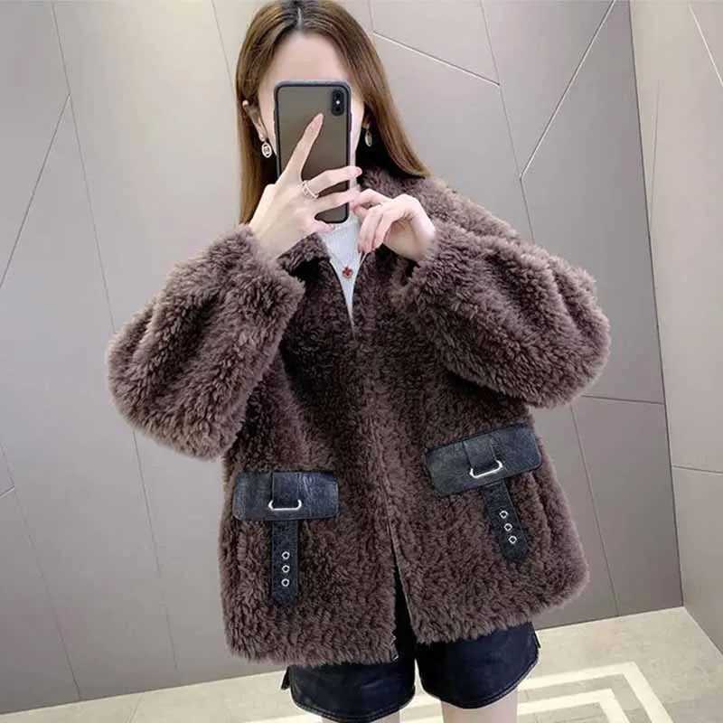 Korean Women Fashion Short Zipper Coat High-grade Ladies Solid Color Lamb Wool Outwear Autumn Winter Female Long Sleeves JacketX241018