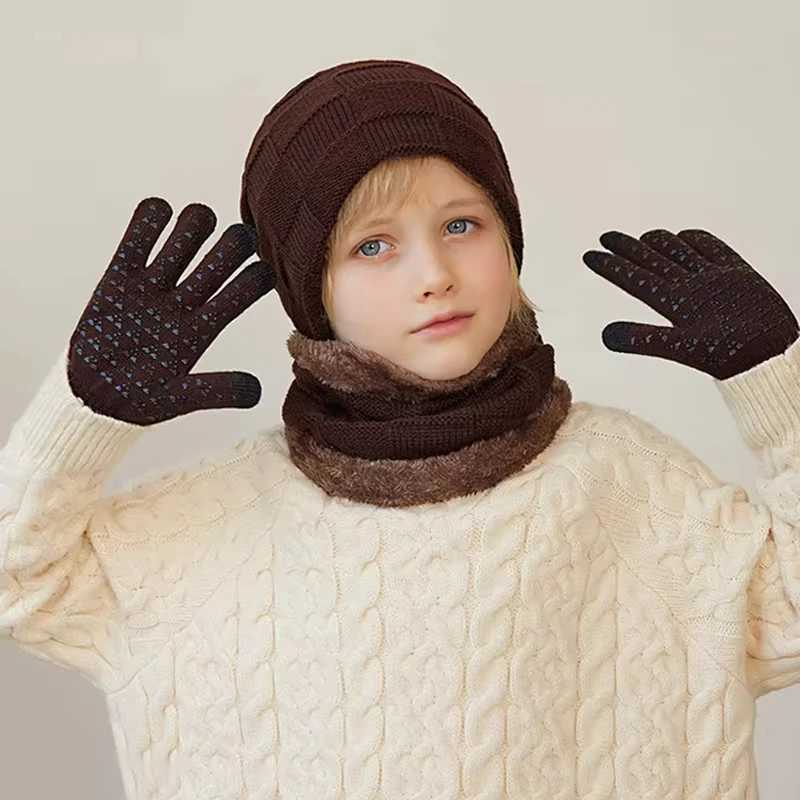 Winter Children Hat Gloves Scarf Set Plus Velvet Knitted Hats for Kids Neck Warmer Scarves Five Finger Gloves Boys Accessories LX241018