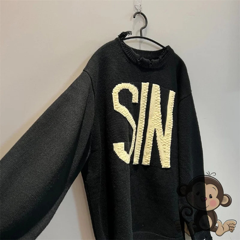 AutumnWinter Saint Mens Sweater Embroidered Letter Retro Long Sleeve Round Neck Knitted 241018