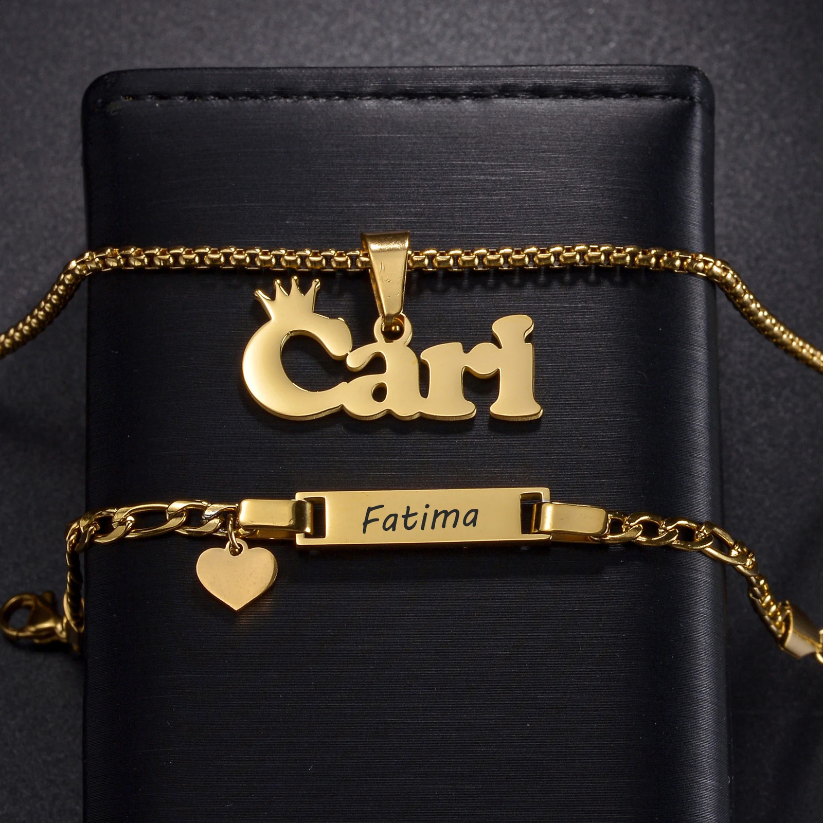 Carving custom Chirldren name bracelet 30cm necklace stainless steel jewelry set personalized Christmas gift for children 241018