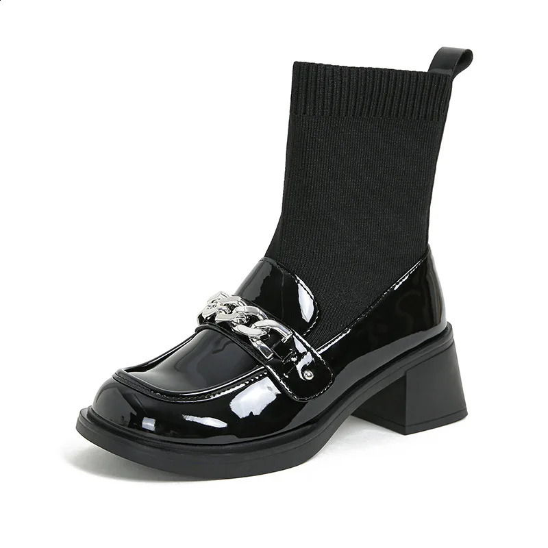 Women Chunky High Heels Boots Winter ShinyMatte Leather Sock Botas Mujer Stretch Slip On Femme Chain Chelsea Ankle Botines 241010
