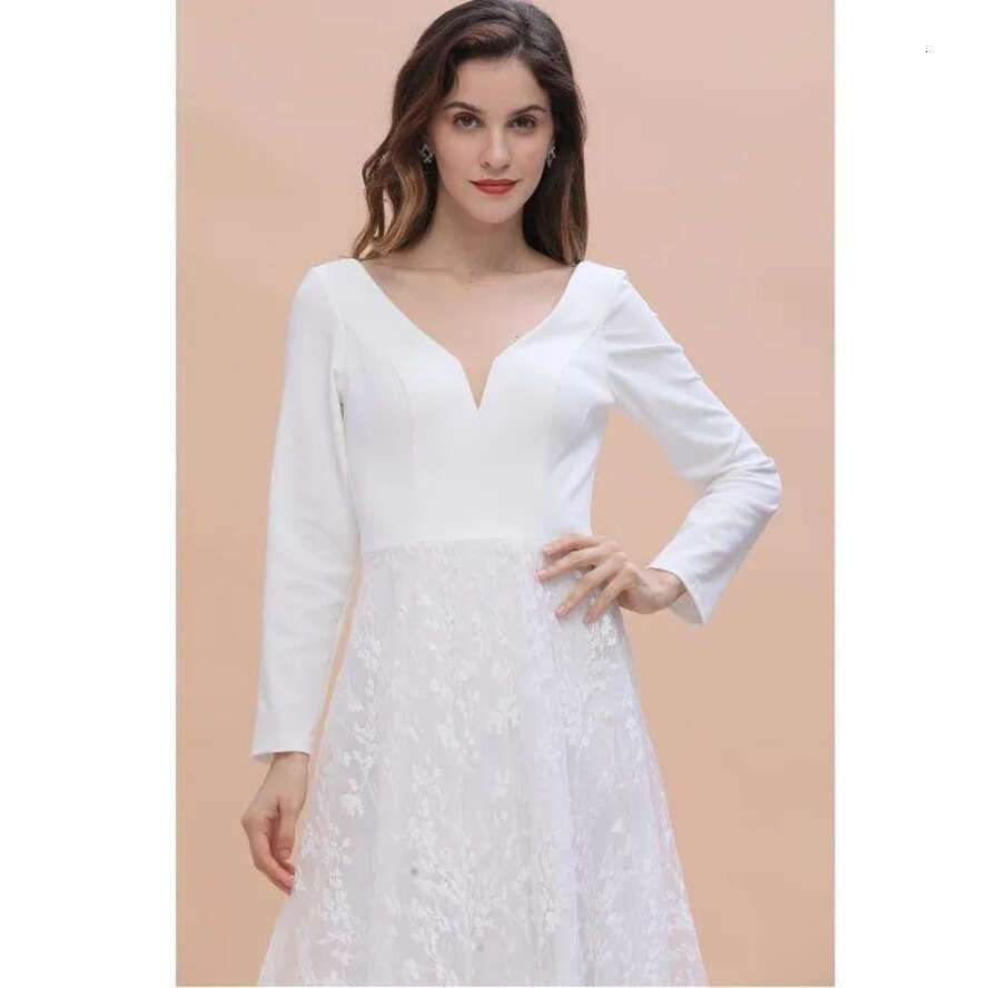 Long Modern Sleeve Boho Princess Wedding Dresses V Neck Covered Button Backless Lace Train Bridal Gown Vestido De Novia Bc Estido estido