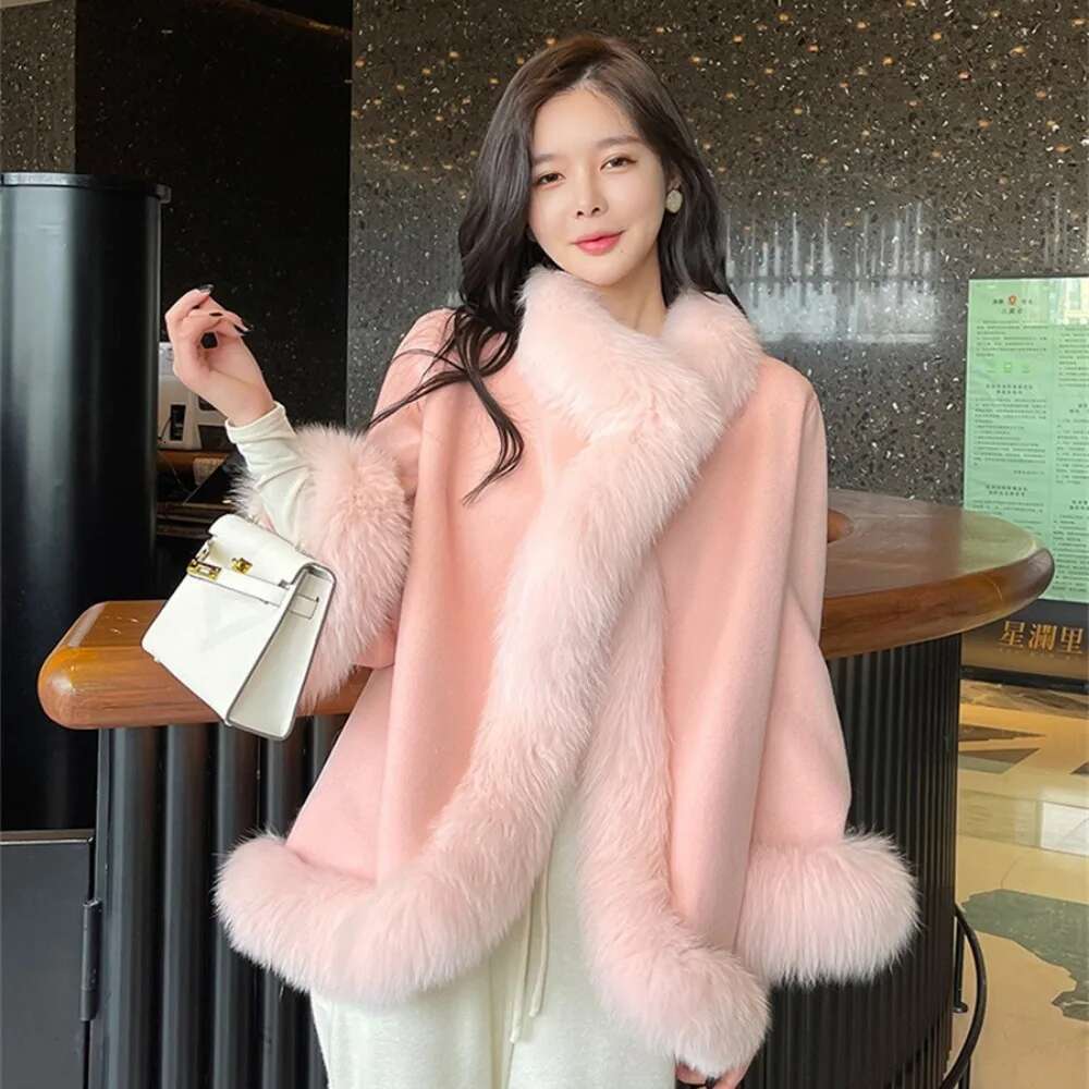 2024 New Women Autumn Long Sleeve Double Side White Woolen Cape Cloak Coat Real Fox Fur Collar And Cuff Casual Outerwear