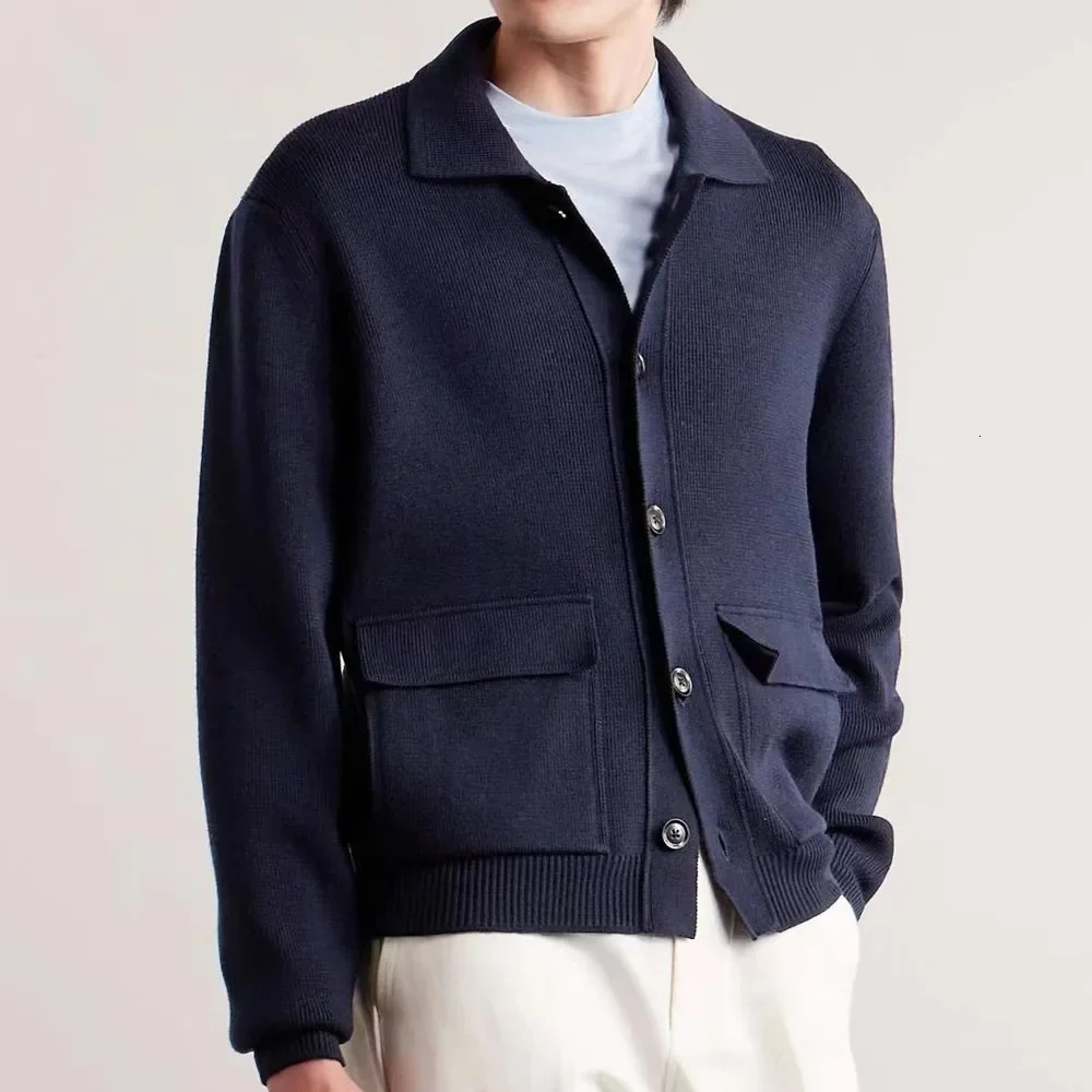 American Mens Pure Color Turnover Collar Patch Pocket 12gauge Knitted Sweater Coat with Casual Style for Autumn and Winter 241018