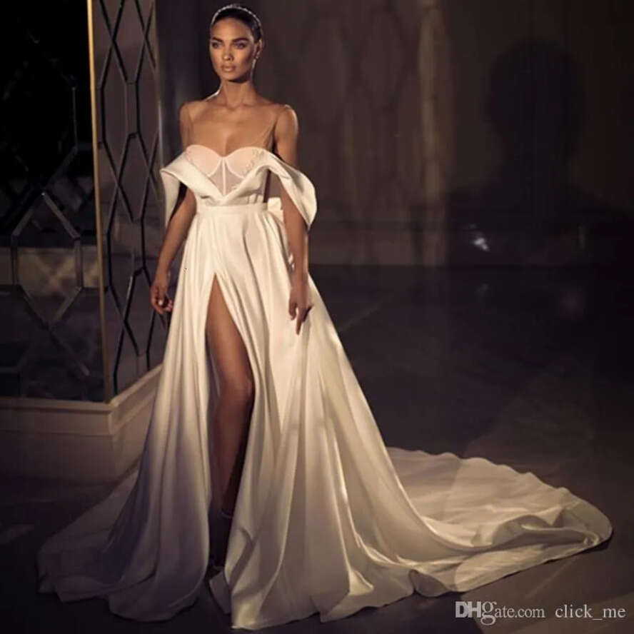 Backless E Satin A Dresses With Detachable Train Off Shoulder Front Split Vestidos De Novia Plus Size Bridal Gowns Wedding Dress