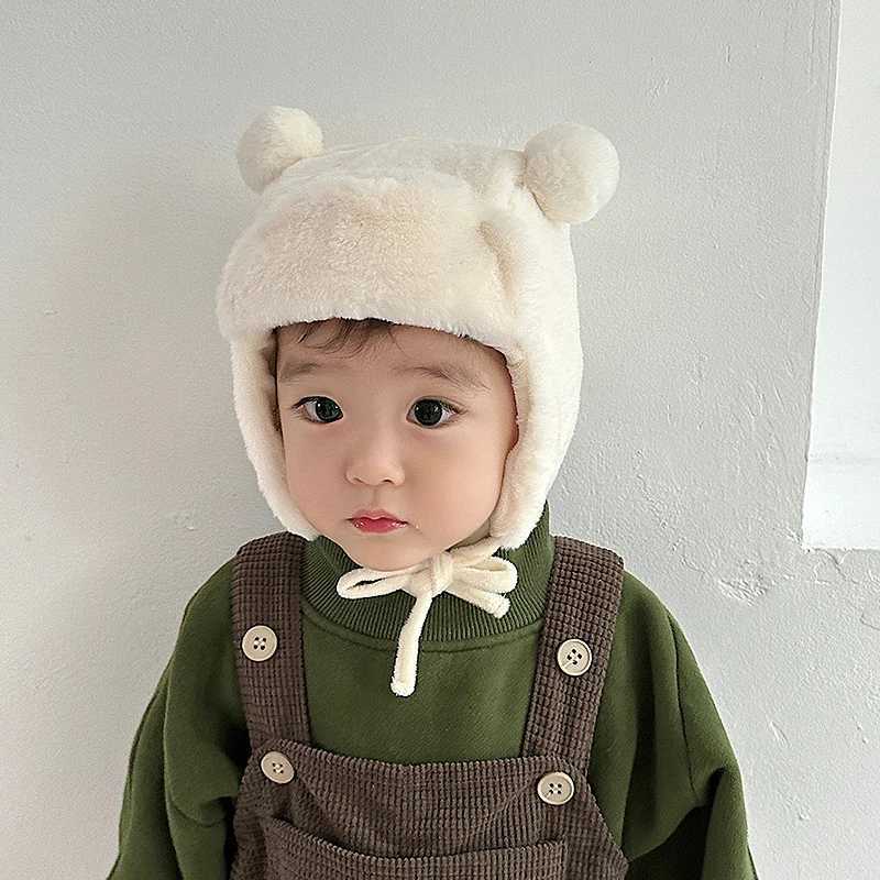 Cute Bear Baby Ear Protection Beanies Infant Plush Earflaps Cap Soft Furry Winter Warm Hat Kids Girl Boy Soild Bonnet Fit 8M-3Y LX241018