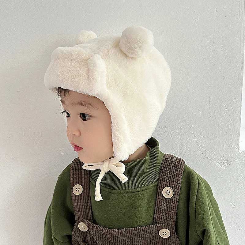 Cute Bear Baby Ear Protection Beanies Infant Plush Earflaps Cap Soft Furry Winter Warm Hat Kids Girl Boy Soild Bonnet Fit 8M-3Y LX241018