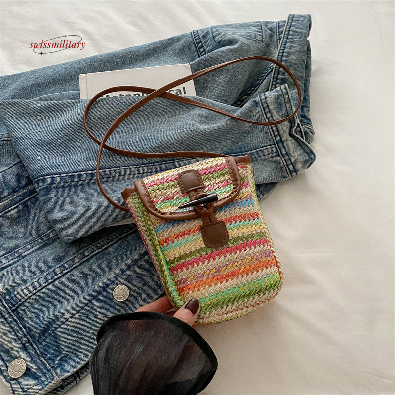 Bohemian style woven mobile phone for women 2024 new stylish niche design striped contrasting versatile crossbody bag #12 swissmilitary
