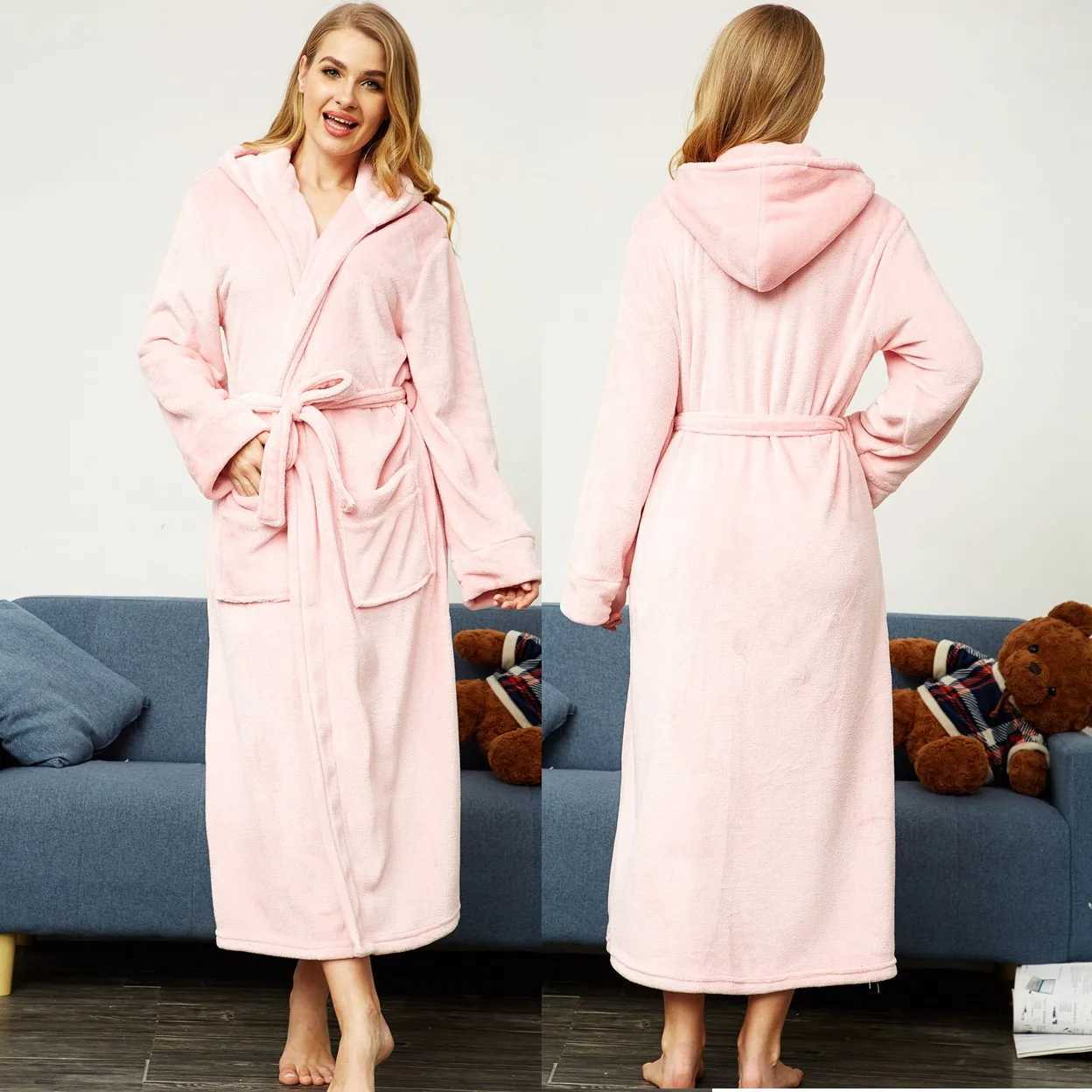 Lovers Coral Fleece Long Robe Winter Hooded Sleepwear Warm Thick Bathrobe Gown Couple Nightwear Coral Fleece Kimono GownXJ241018