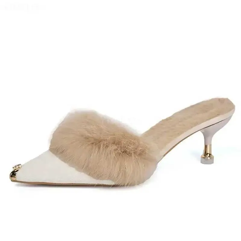 Fur Slippers Mules Pointed Toe Elegant High Heels Shoes Womens Autumn New Furry slipper Slides Flip ps Office Work Ytmtloy IndoorL464