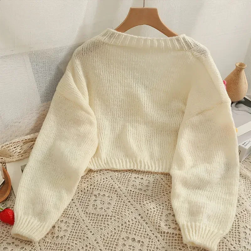 Cropped Cardigan 3D Flower Vneck Kawaii Retro n Allmatch Mujer Sweater Tender Girlish Aesthetic Fall Arrival Ulzzang 241010