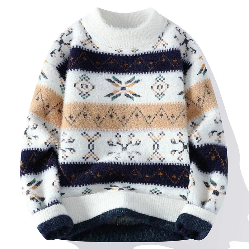 Korean Menswear Contrast Color Striped Sweaters Mens Knitted Pullover Hoodie Men Trendy Wool Knitwear Thick Mock Neck Sweater 241018