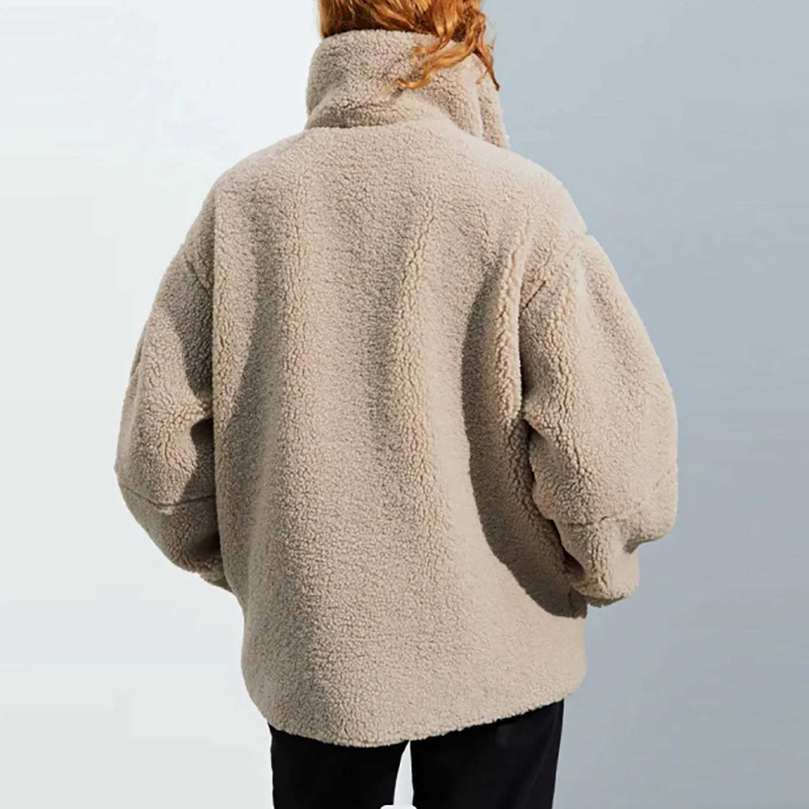 Autumn Winter Warm Women Jackets Long Sleeve Zipper Lamb Wool Coat Stand Collar Casual Pocket Elegant Solid Lady Plush OutwearX241018