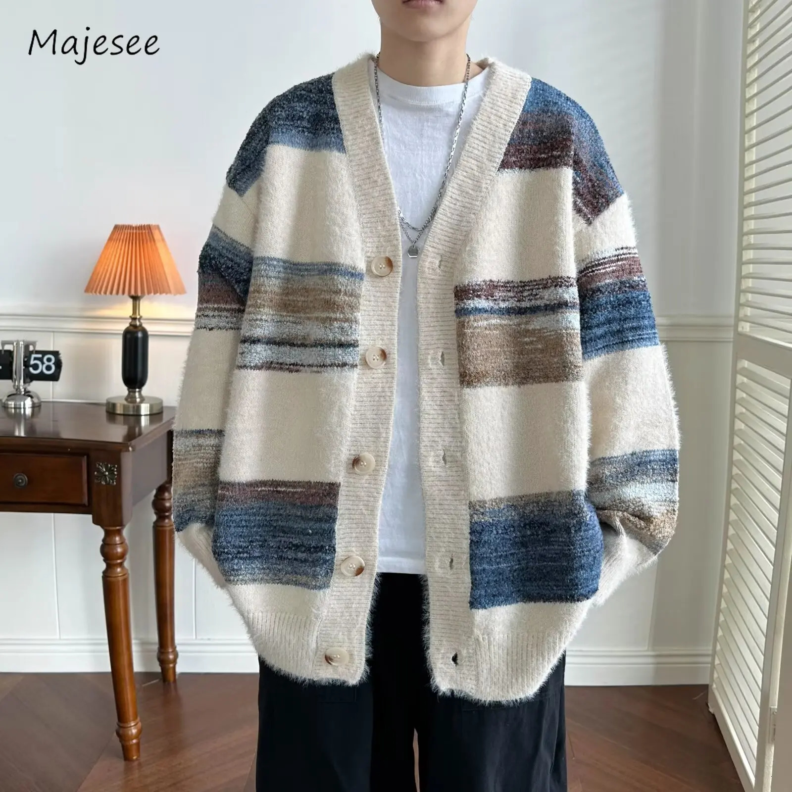 Striped Cardigan Men Chic Baggy Slouchy Vneck Japanese Style Harajuku Vintage High Street Knitting Sweaters Allmatch Autumn 241018