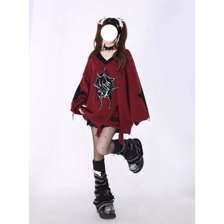 Japanese Fashion Hole Tassel Sweaters Mujer 2024 Autumn New Waterproof Mink Pullovers Y2k Long Sleeve Loose Knitted Tops