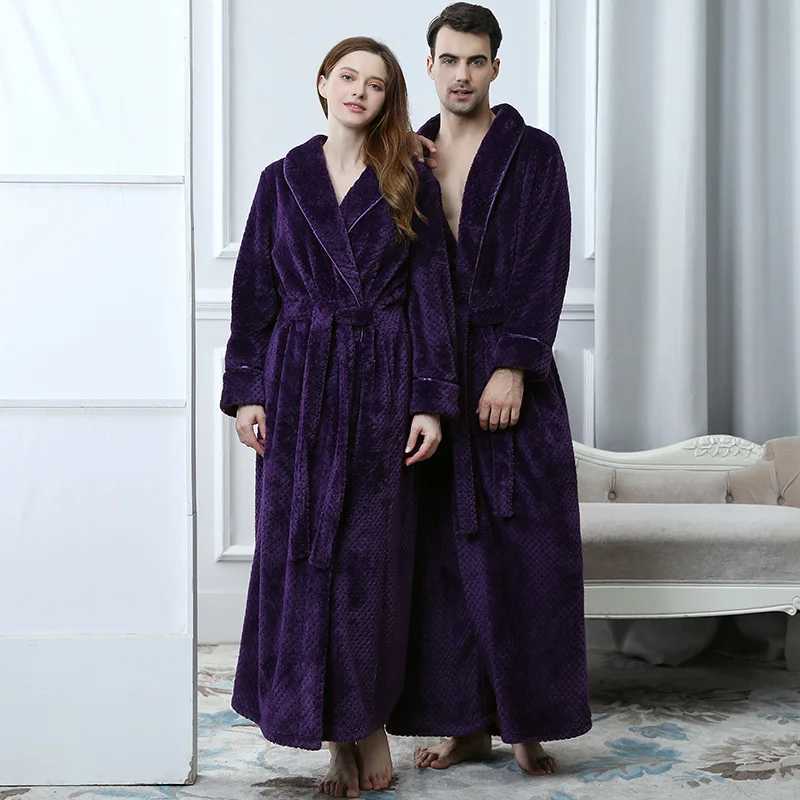 Autumn Winter Thick Flannel Couples Long Robe Sleepwear Warm Coral Fleece Bathrobe Loungewear Loose Casual Home Wear NightwearXJ241018