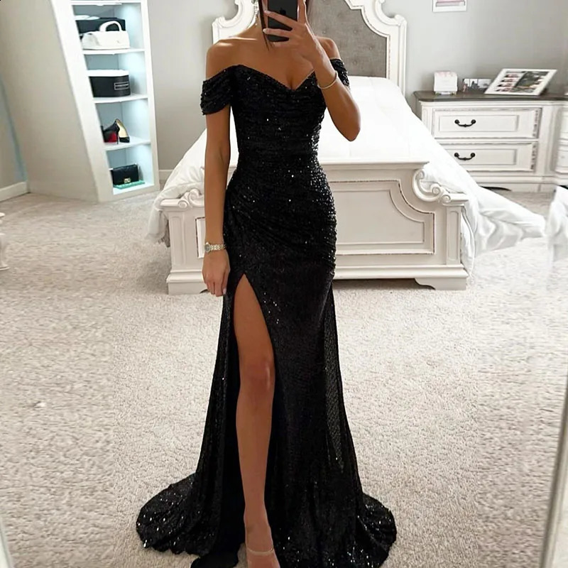 Womens slanted neck high score style evening dress with sequins shark slim fit buttocks long dress spring and summer shoulder hollow long dress 241017