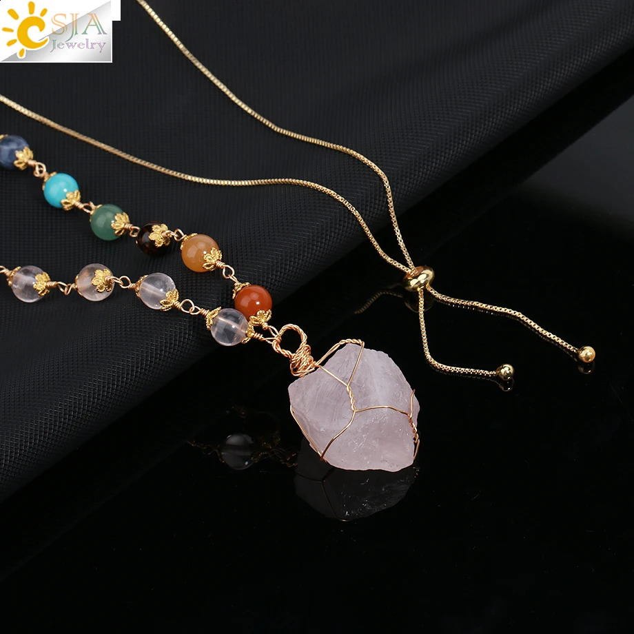 CSJA Treatment 7 Chakra Necklace Female Irregular Natural Stone Pendant Gold Stainless Steel Necklace Jewelry H175 241018