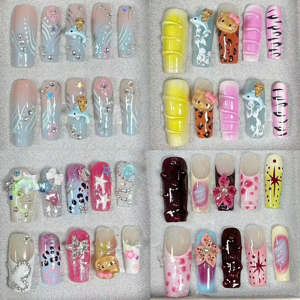 Hellokitty Love Pearl Leopard Print false Nails Pure Handmade European and American Five-Pointed Star Press-On Nails Party Gift 241017