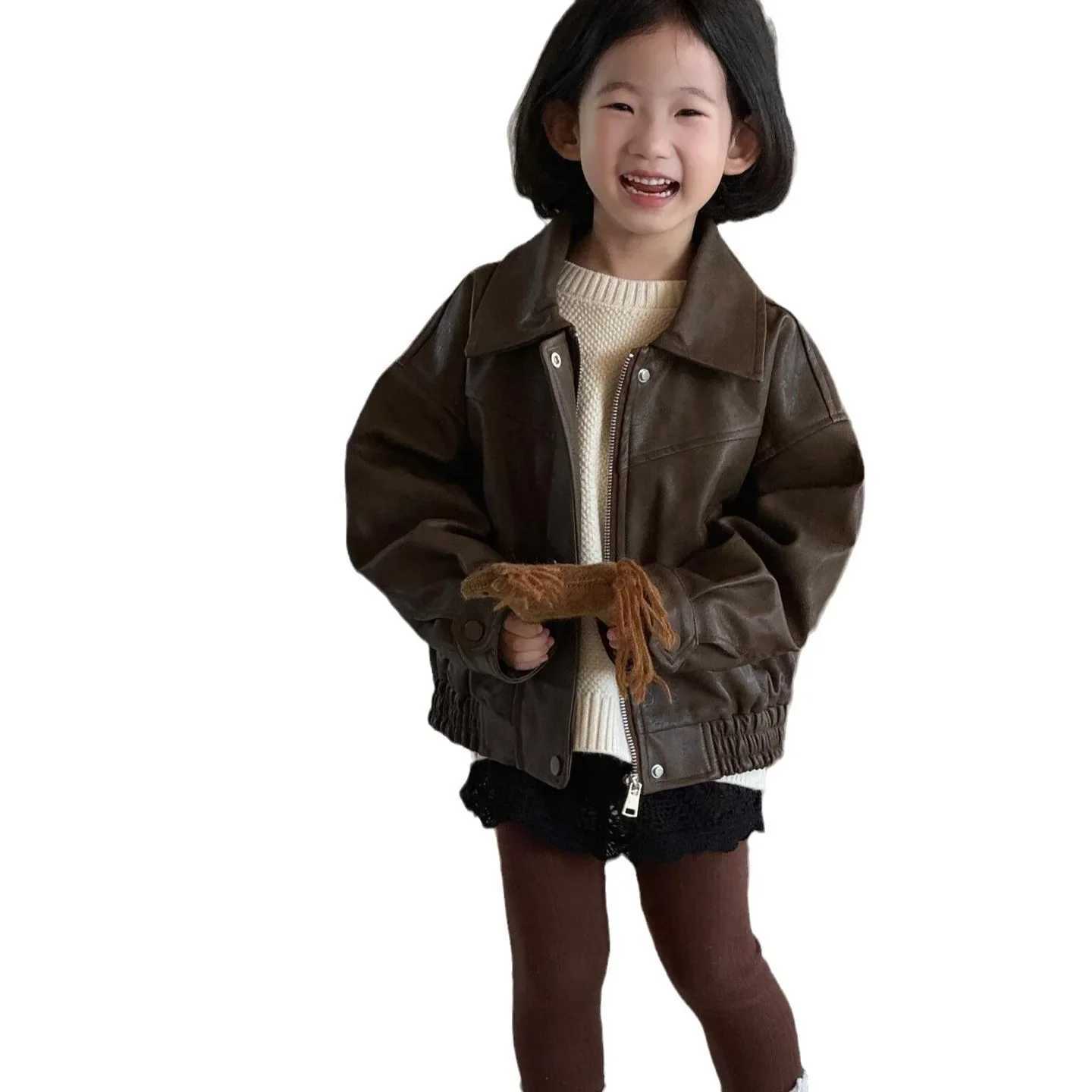 Autumn New Korean Childrens Clothing Girls Jacket Retro Coffee Short Leather Jacket Boutique Clothing Minimalist Style M241018